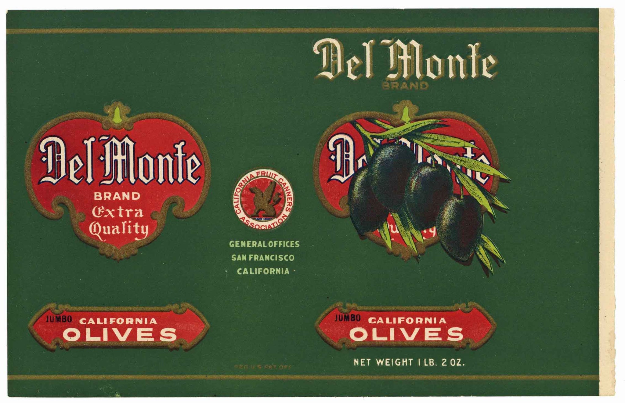 Del Monte Brand Vintage Jumbo Olives Can Label, 1910s