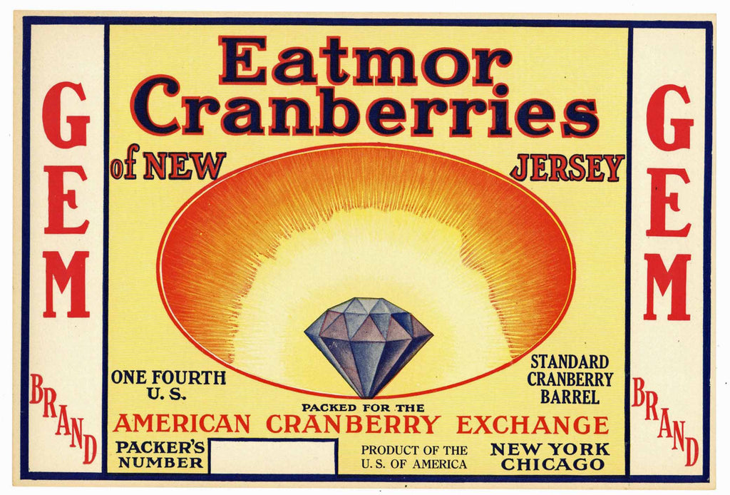 Gem Brand Vintage New Jersey Cranberry Crate Label, 1/4