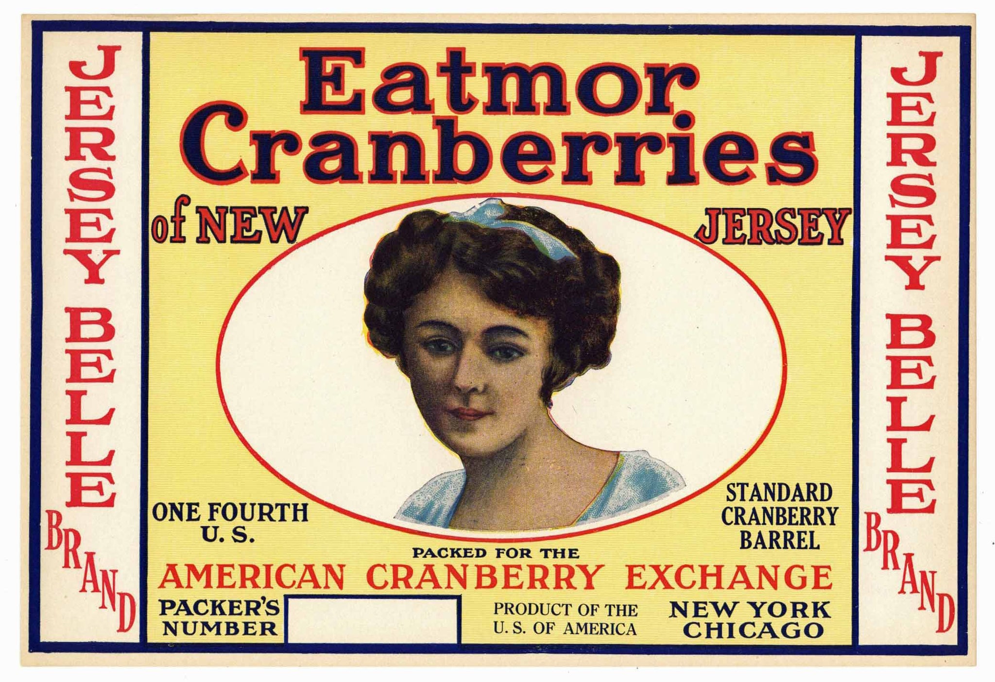 Jersey Belle Brand Vintage New Jersey Cranberry Crate Label, 1/4