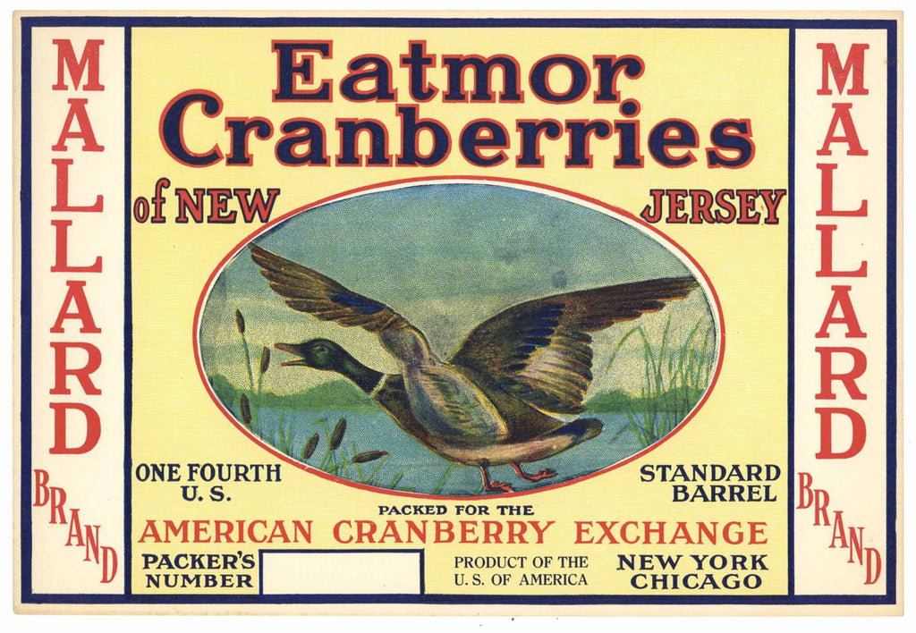 Mallard Brand Vintage New Jersey Cranberry Crate Label, 1/4