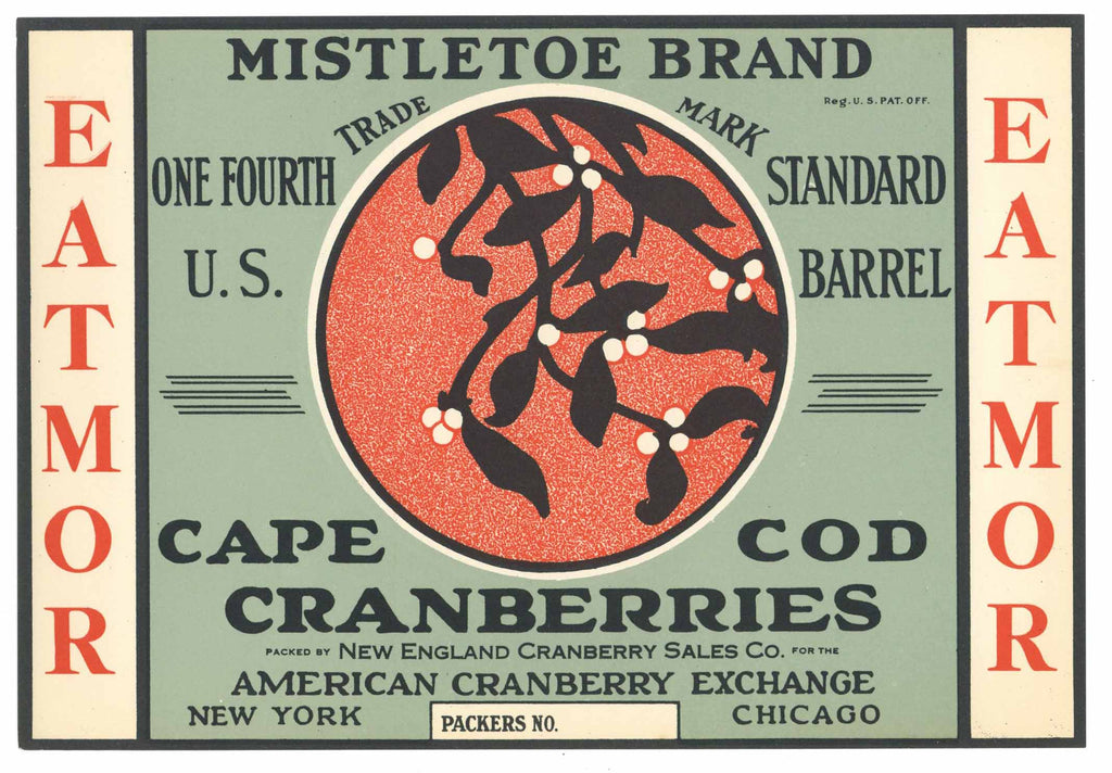 Mistletoe Brand Vintage Cape Cod Cranberry Crate Label, 1/4