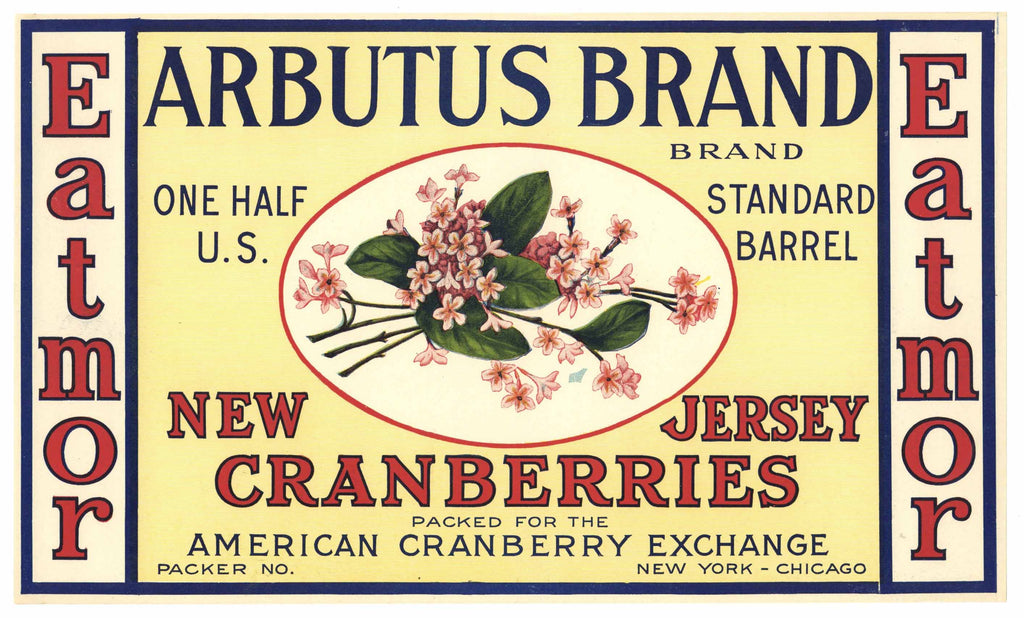 Arbutus Brand Vintage New Jersey Cranberry Crate Label, 1/2