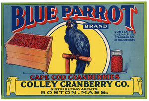Blue Parrot Brand Vintage Boston Massachusetts Cranberry Crate Label, 1/2