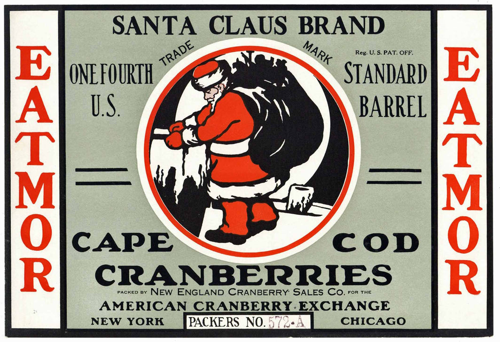 Santa Brand Vintage Cape Cod Cranberry Crate Label, 1/4, packers number