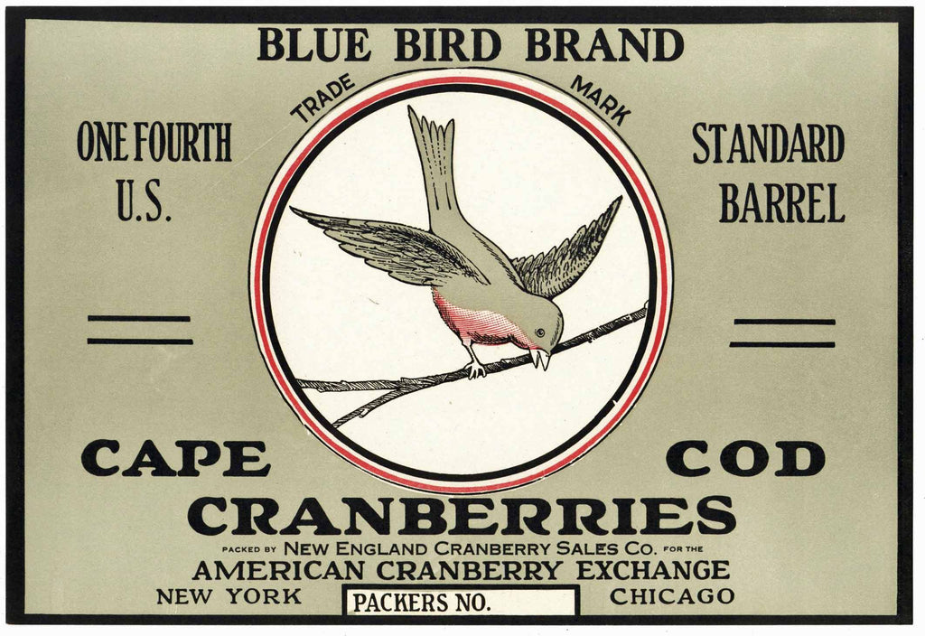 Blue Bird Brand Vintage Cape Cod Cranberry Crate Label, 1/4