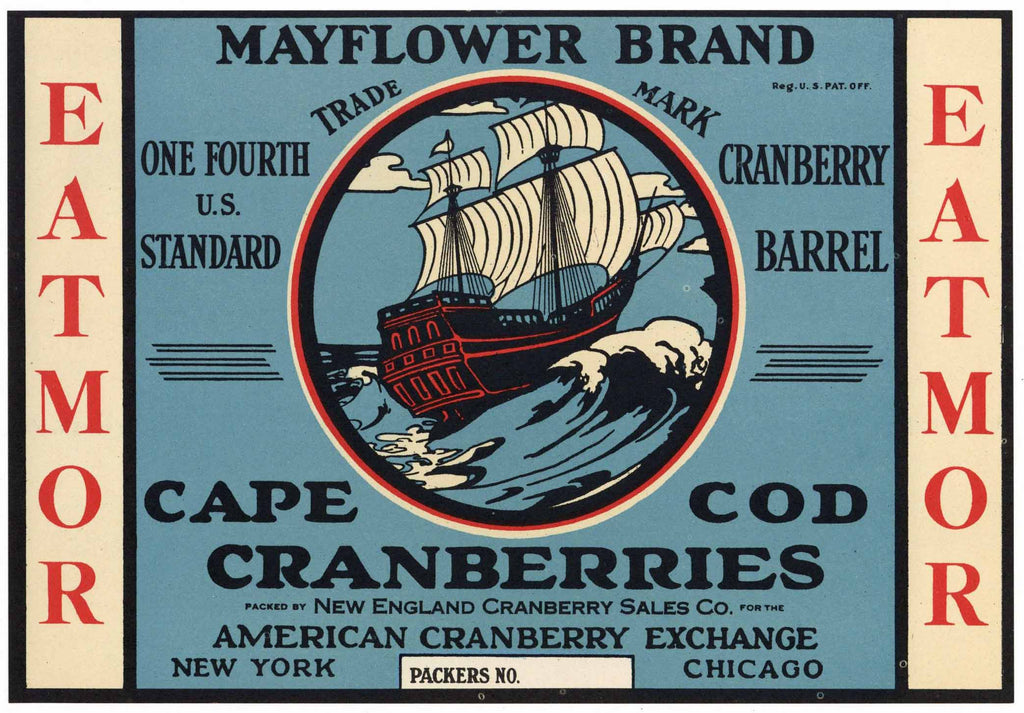Mayflower Brand Vintage Cape Cod Cranberry Crate Label, 1/4, blue