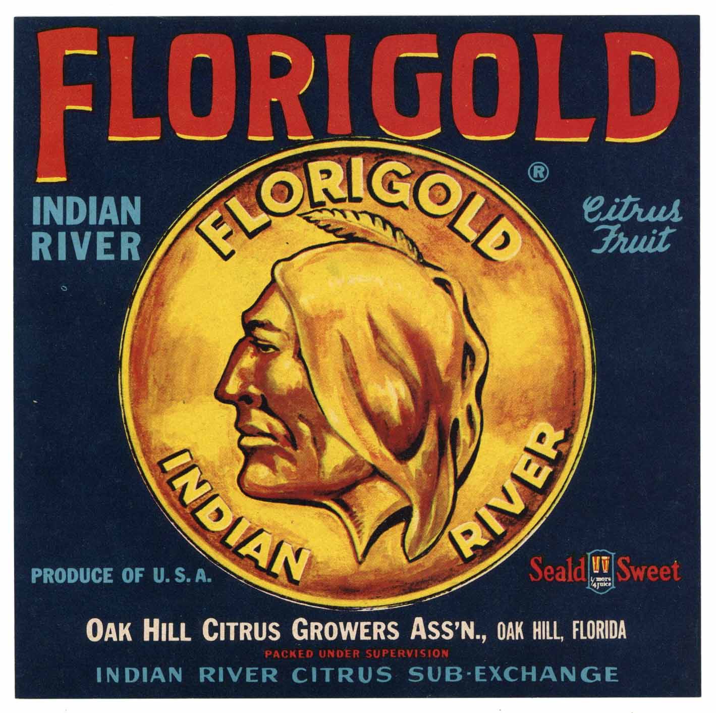 Florigold Brand Vintage Oak Hill Florida Citrus Crate Label, 7x7 ...