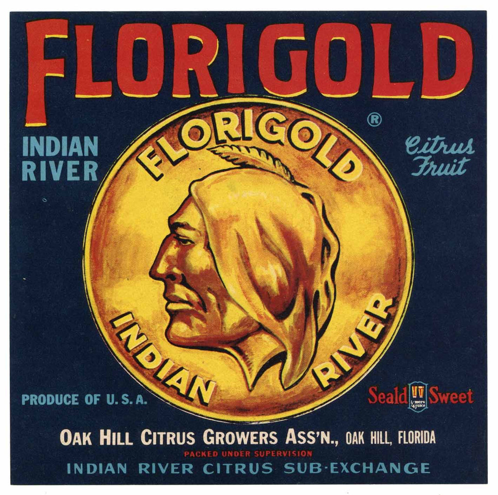 Florigold Brand Vintage Oak Hill Florida Citrus Crate Label, 7x7