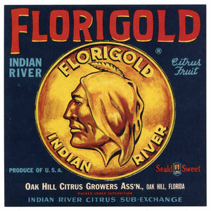 Florigold Brand Vintage Oak Hill Florida Citrus Crate Label, 7x7