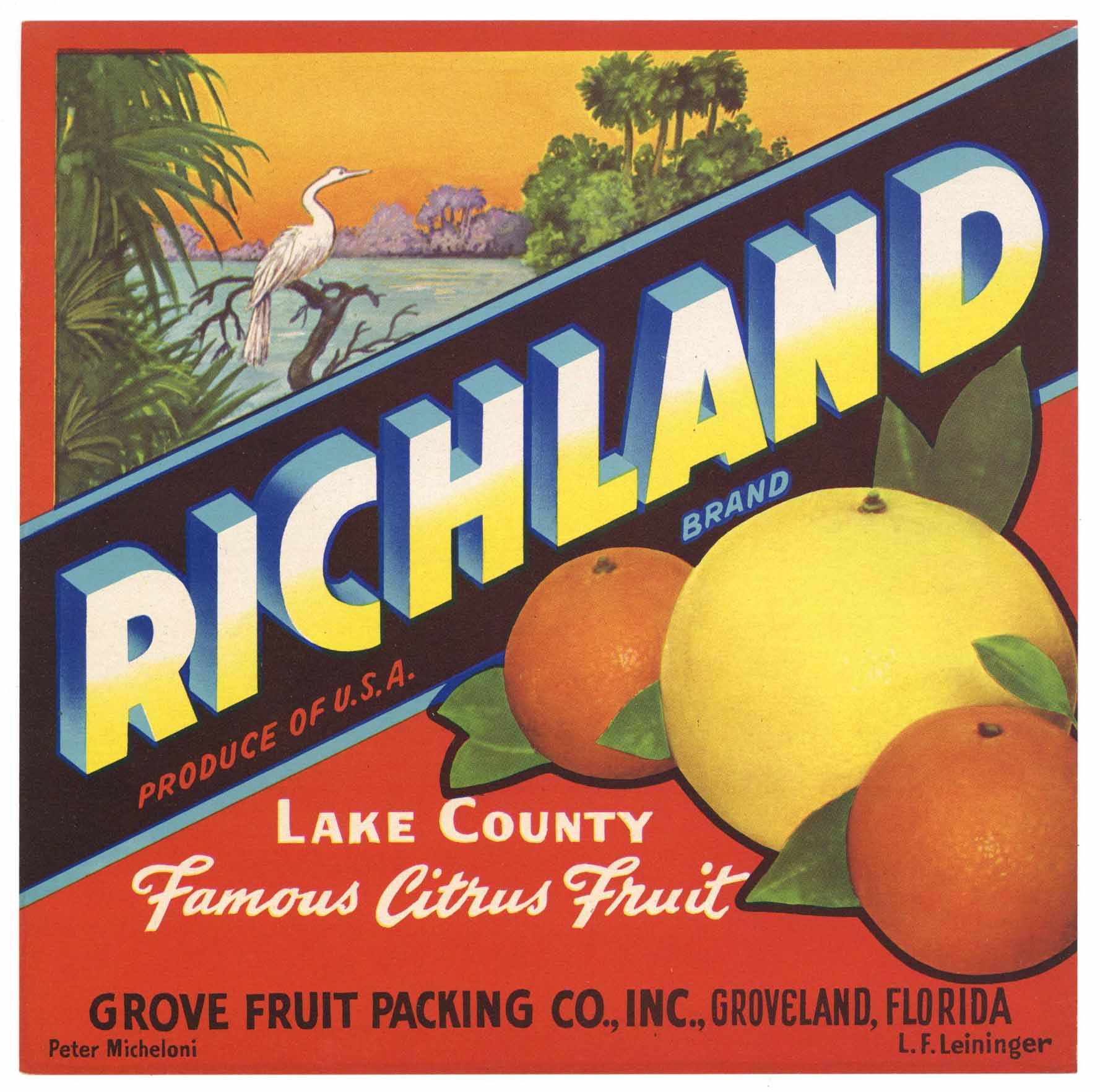 Richland Brand Vintage Groveland Florida Citrus Crate Label