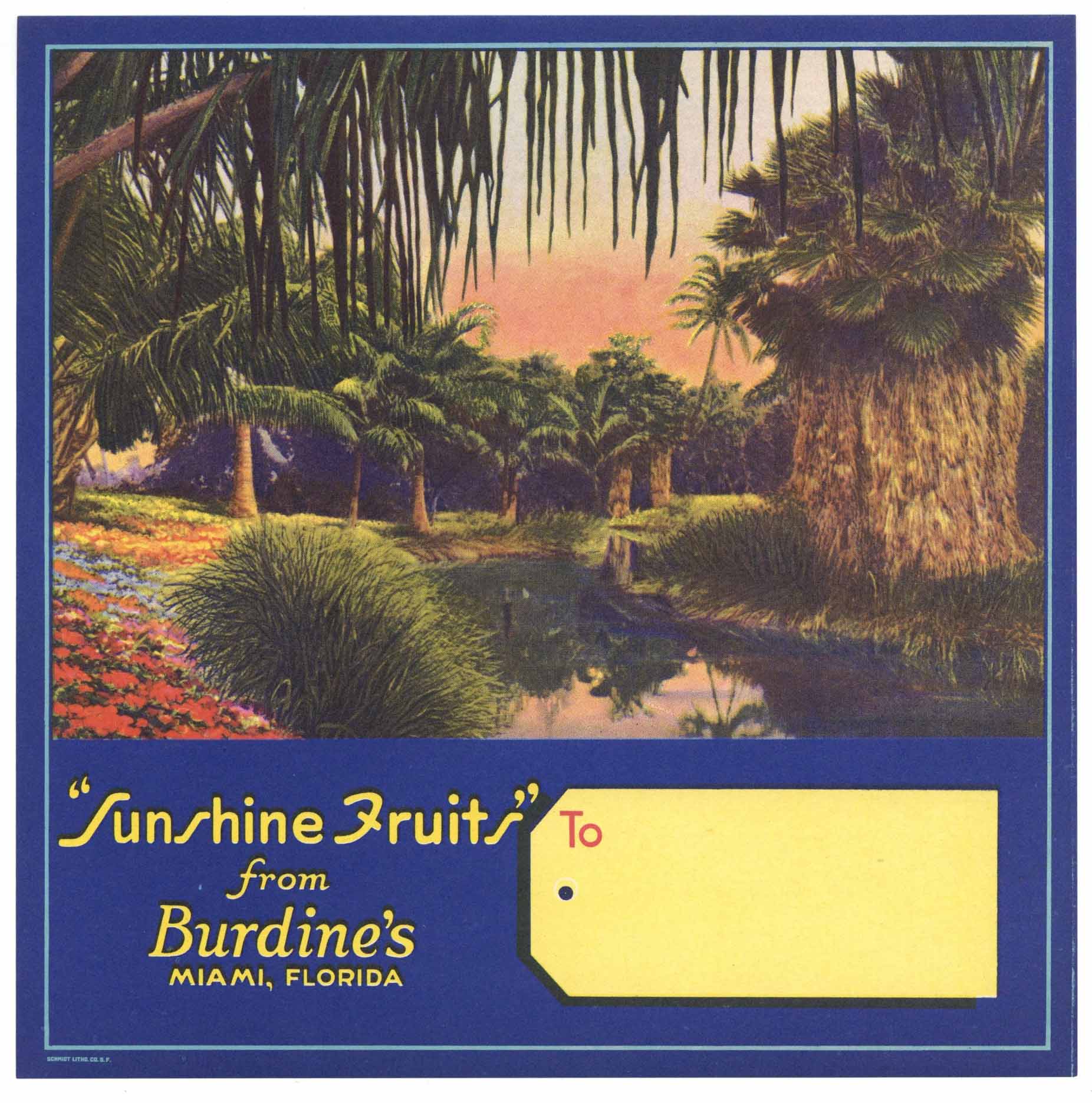 Sunshine Fruits Brand Vintage Miami Florida Citrus Crate Label