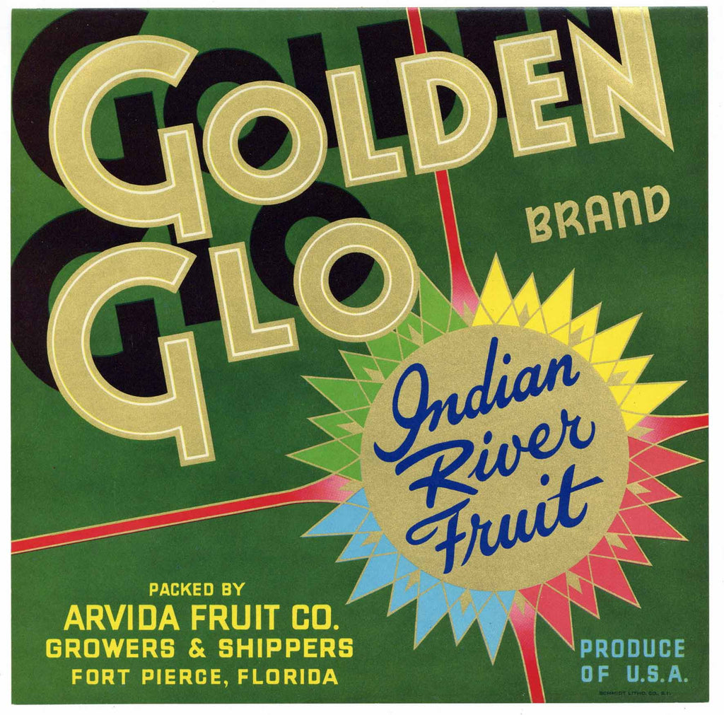 Golden Glo Brand Vintage Fort Pierce Florida Citrus Crate Label