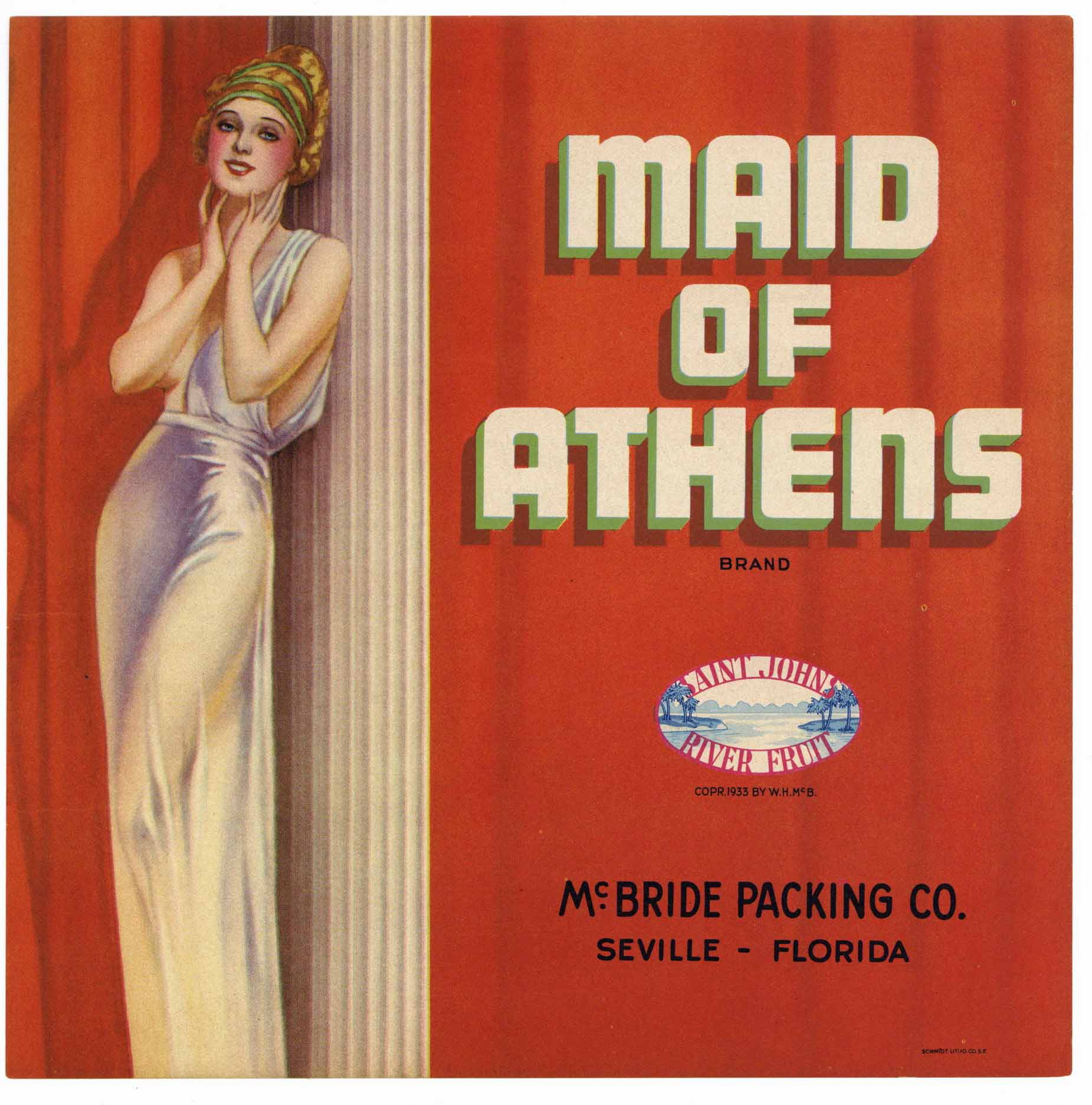 Maid of Athens Brand Vintage Seville Florida Citrus Crate Label, L