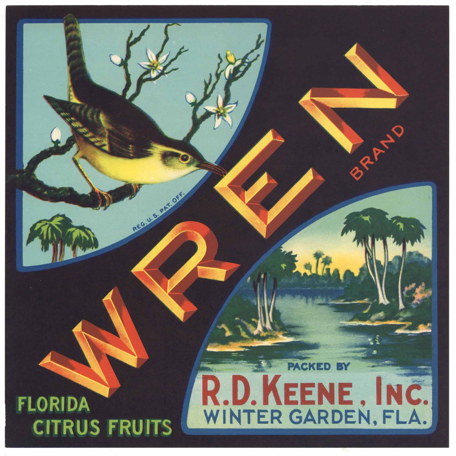 Wren Brand Vintage Winter Garden Florida Citrus Crate Label, L