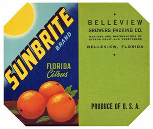 Sunbrite Brand Vintage Belleview Florida Citrus Crate Label, square