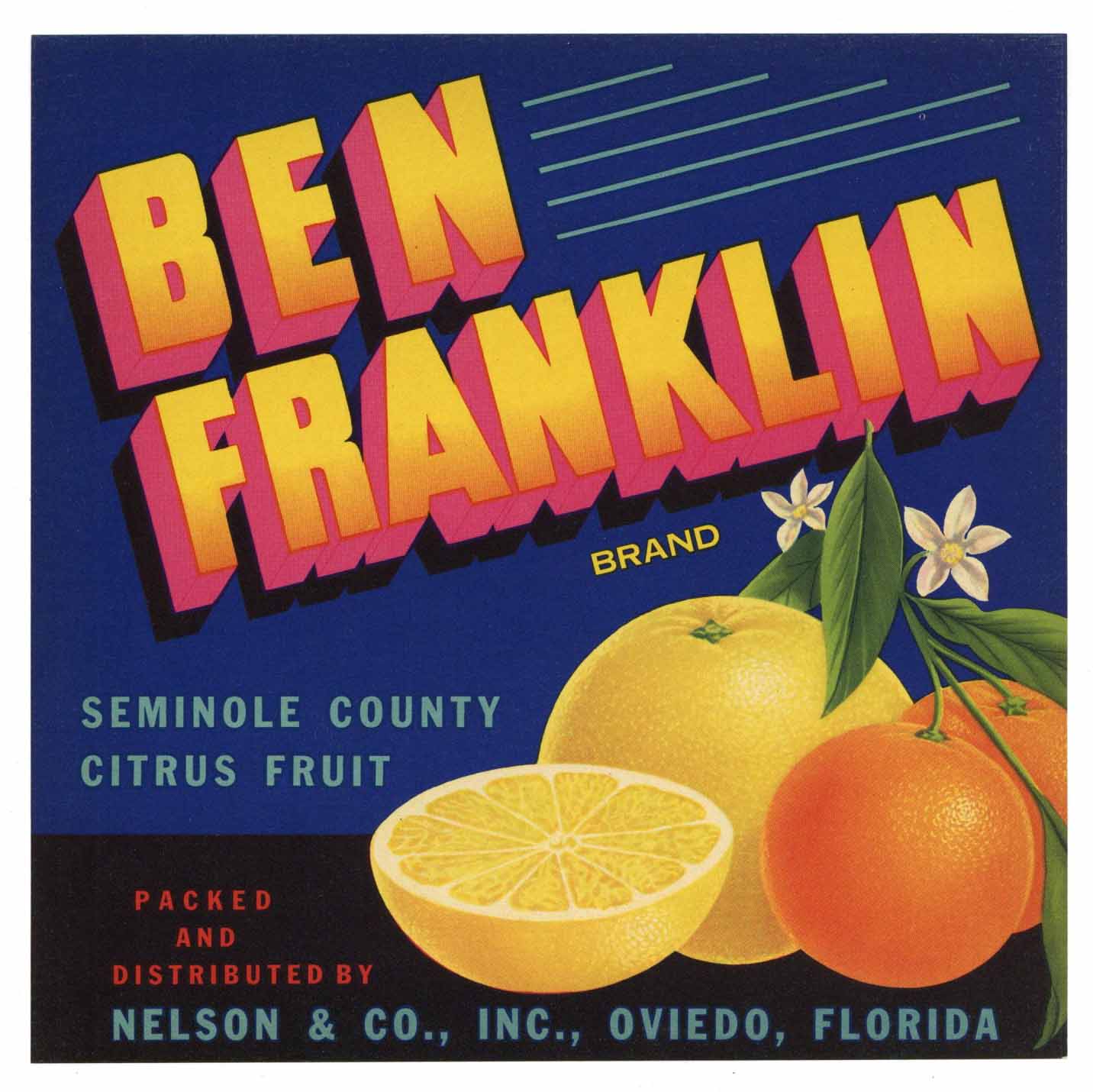 Ben Franklin Brand Vintage Oviedo Florida Citrus Crate Label b