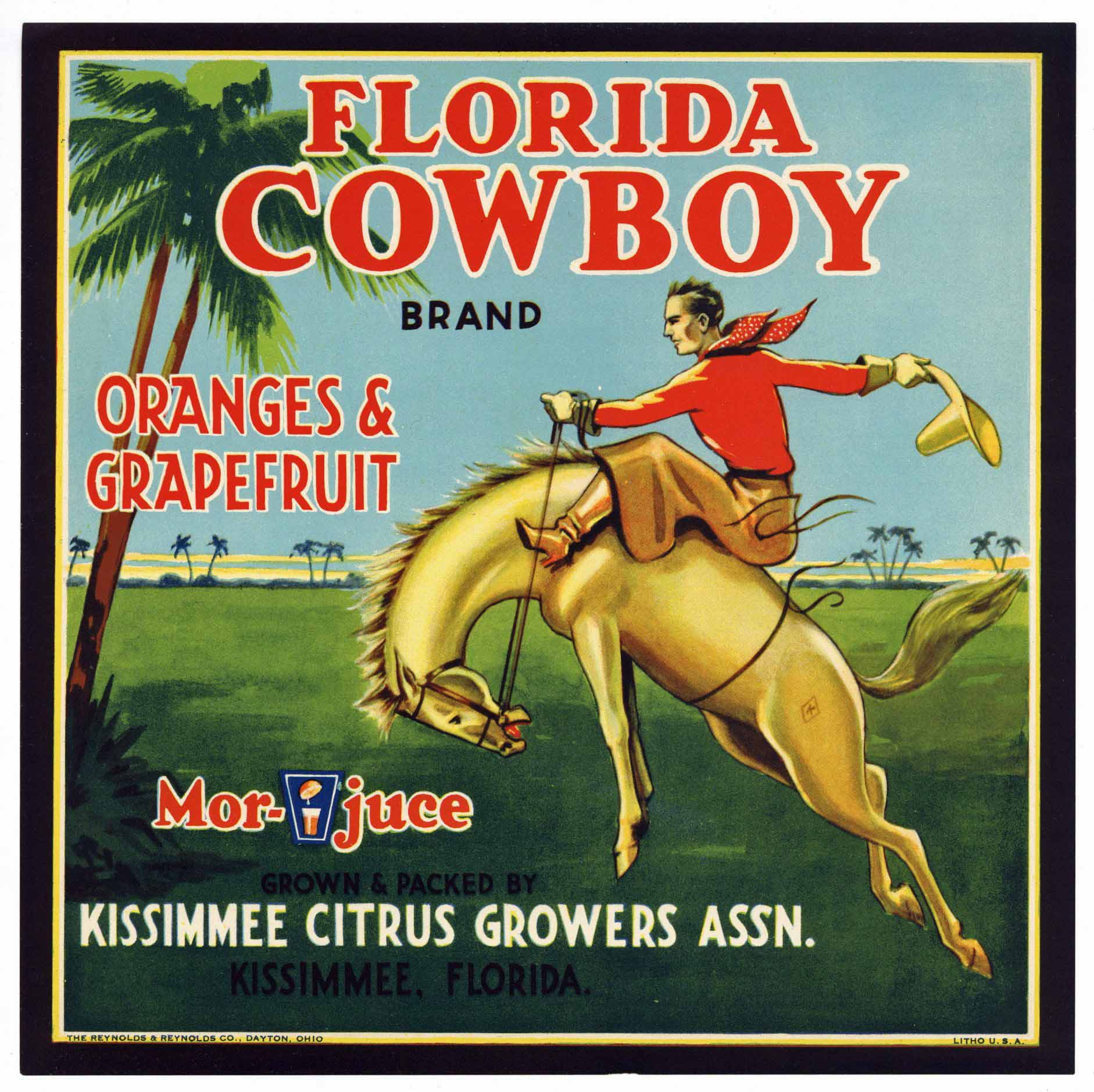 Florida Cowboy Brand Vintage Florida Citrus Crate Label, L