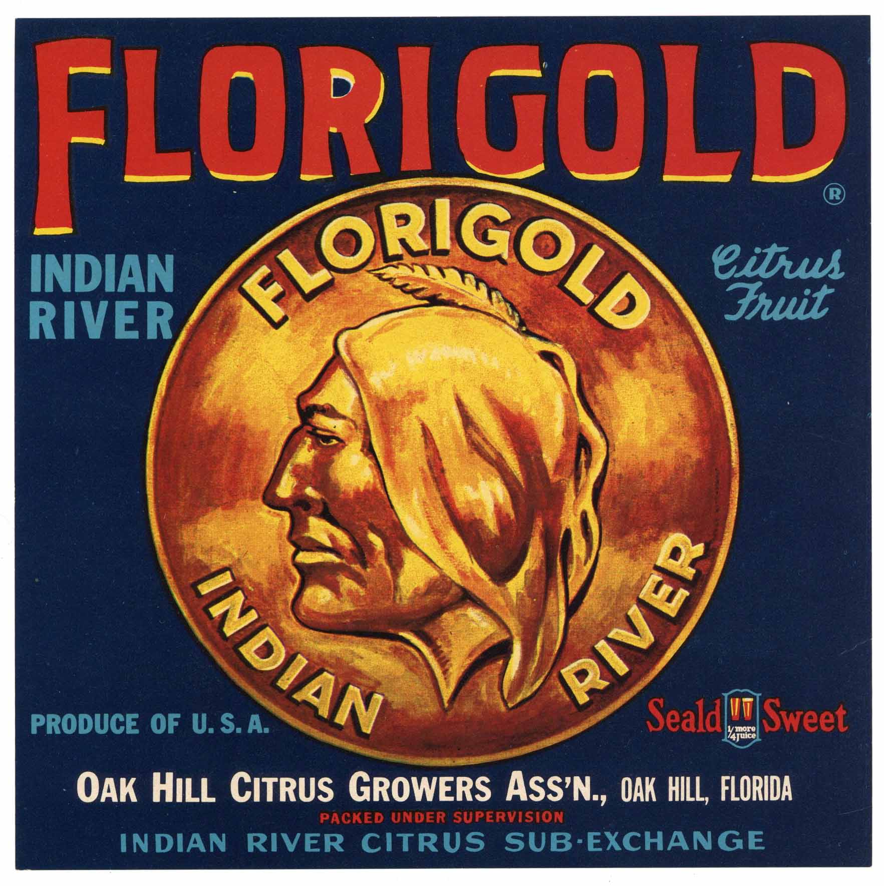 Florigold Brand Vintage Oak Hill Florida Citrus Crate Label, 9x9