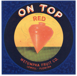 On Top Brand Vintage Lowell Florida Citrus Crate Label, red
