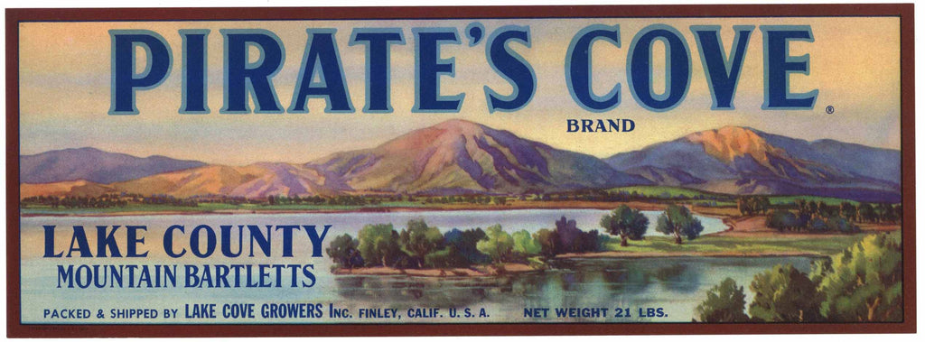 Pirates Cove Brand Vintage Finley Lake County Pear Crate Label, lug