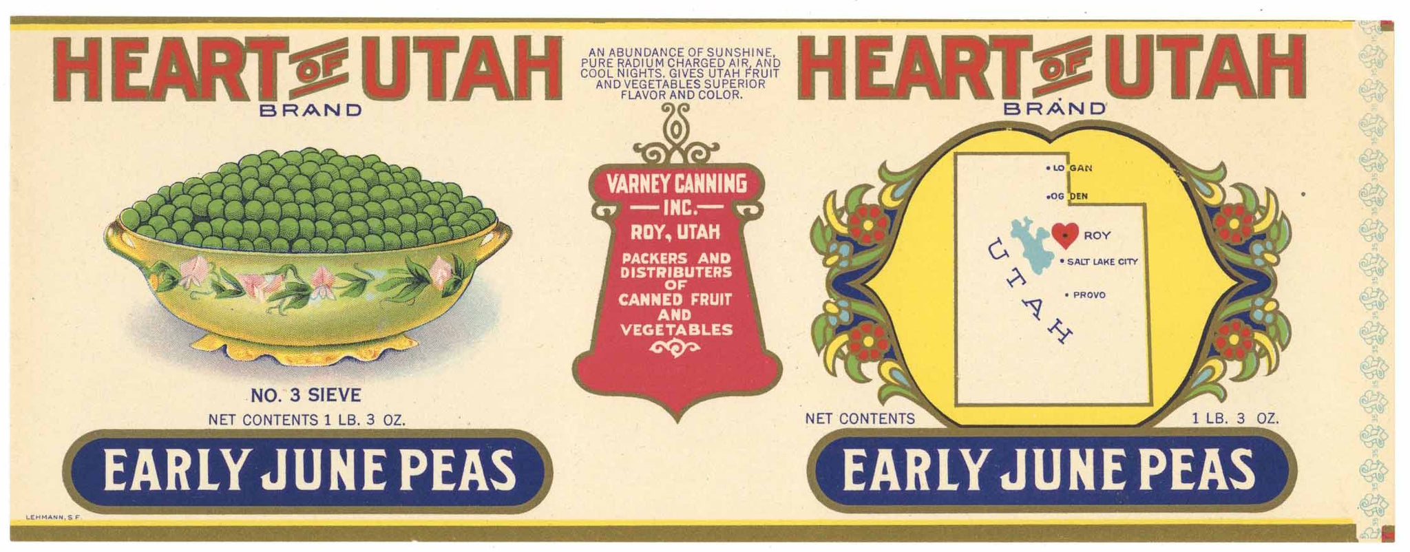 Heart of Utah Brand Vintage Roy Utah June Peas Can Label