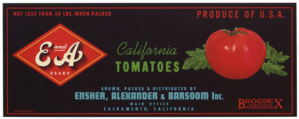E and A Brand Vintage Sacramento California Tomato Crate Label