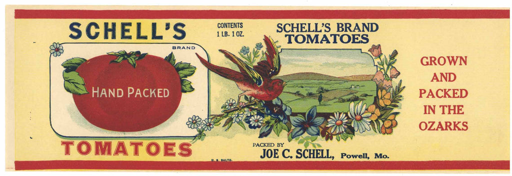 Schell's Brand Vintage Powell Missouri Tomato Can Label