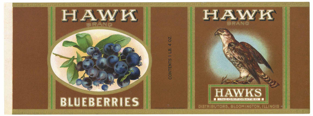 Hawk Brand Vintage Bloomington Illinois Blueberry Can Label
