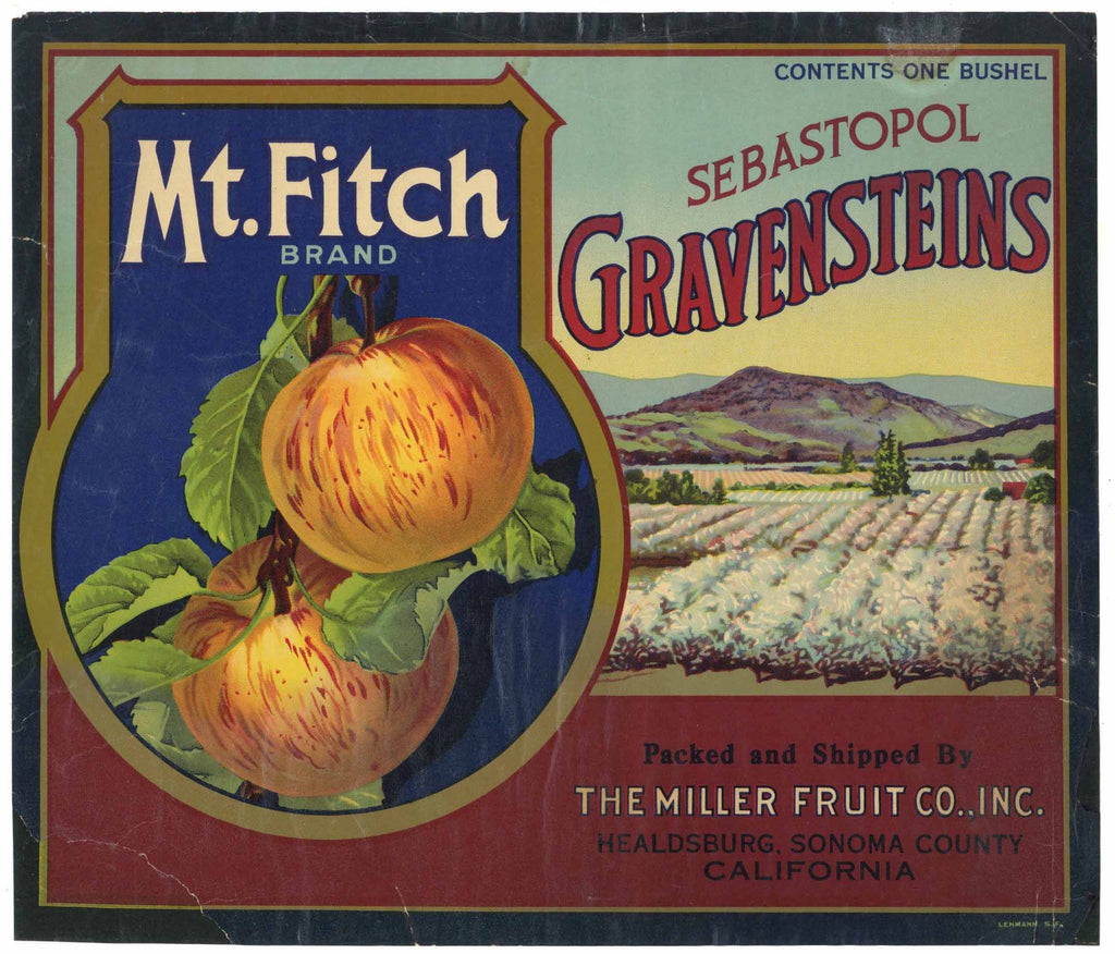 Mt. Fitch Brand Vintage Healdsburg Sonoma County Apple Crate Label, damage