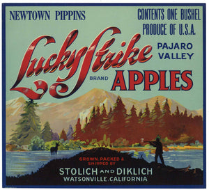 Lucky Strike Brand Vintage Watsonville Apple Crate Label, Newtown Pippins