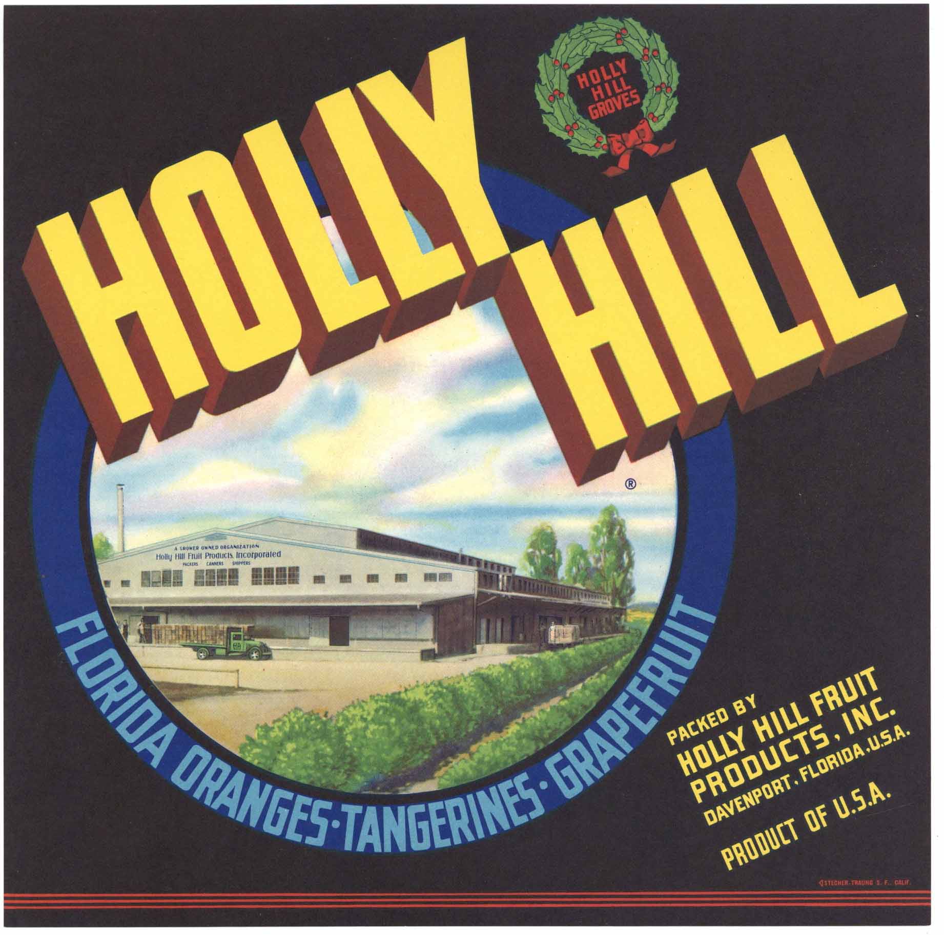 Holly Hill Brand Vintage Davenport Florida Citrus Crate Label, black