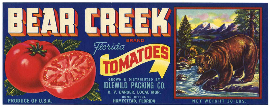 Bear Creek Brand Vintage Homestead Florida Tomato Crate Label