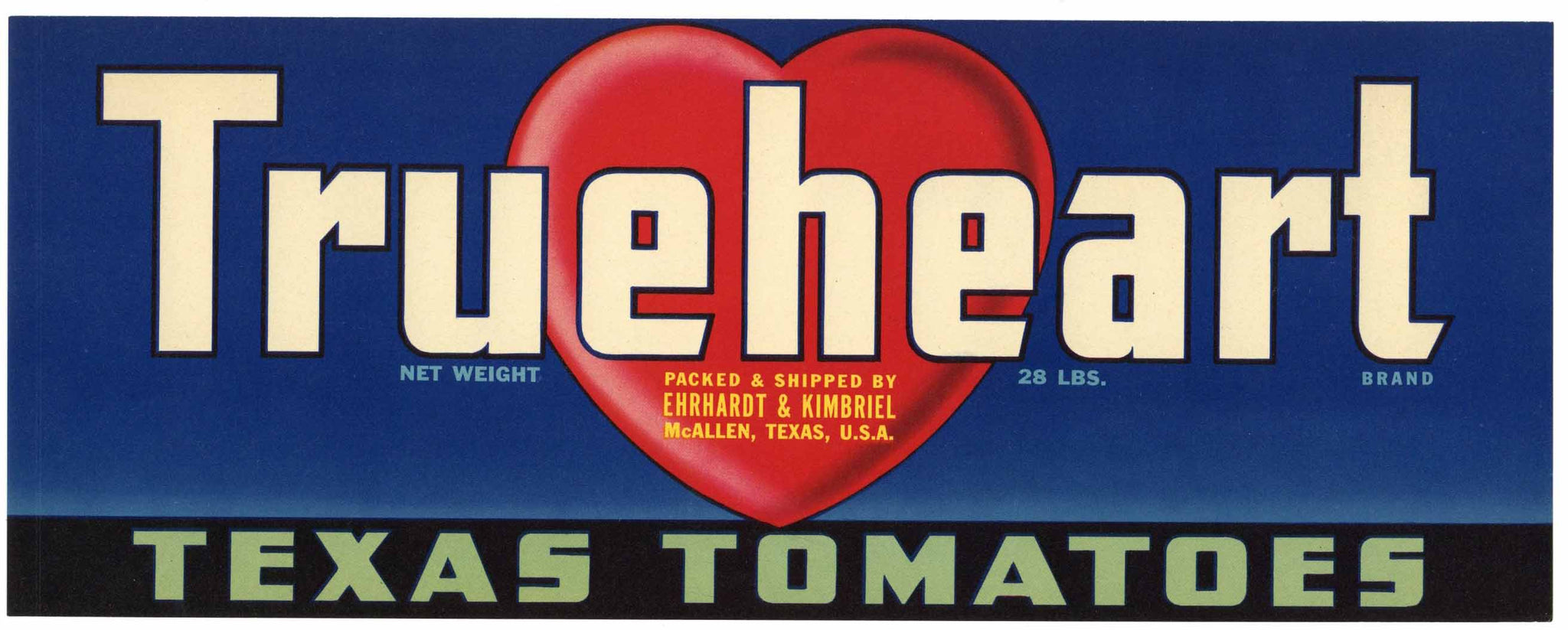 Trueheart Brand Vintage McAllen Texas Tomato Crate Label, blue