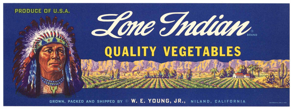 Lone Indian Brand Vintage Niland California Vegetable Crate Label
