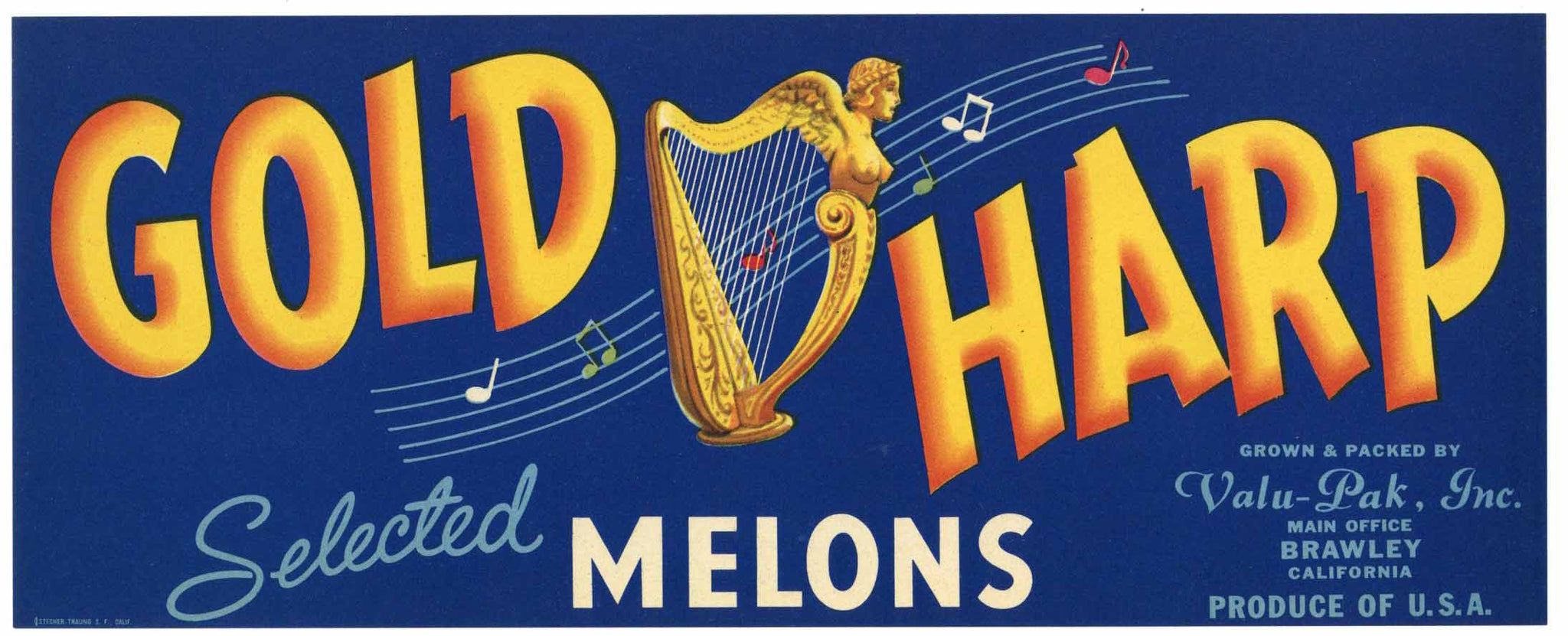 Gold Harp Brand Vintage Brawley California Melon Crate Label