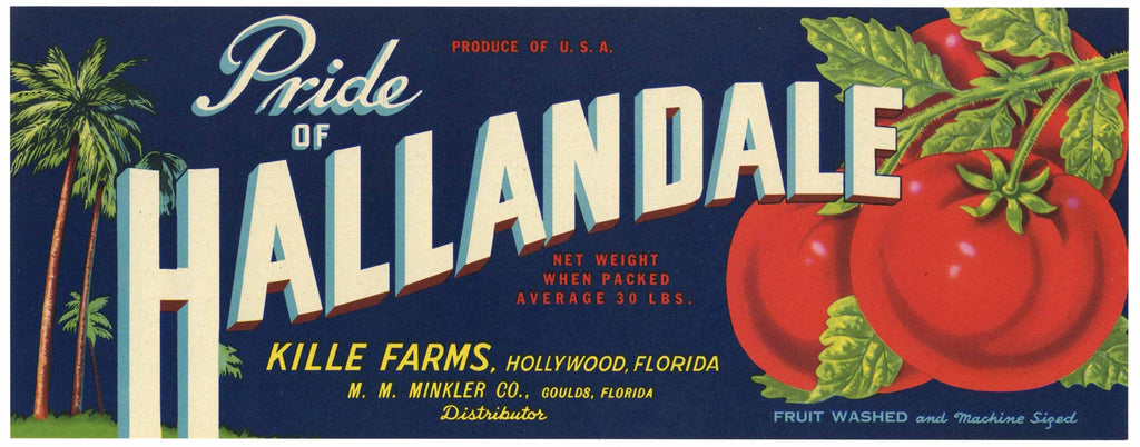 Pride of Hallandale Brand Vintage Hollywood Florida Tomato Crate Label