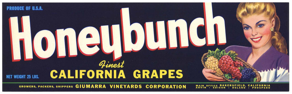 Honeybunch Brand Vintage Bakersfield California Grape Crate Label