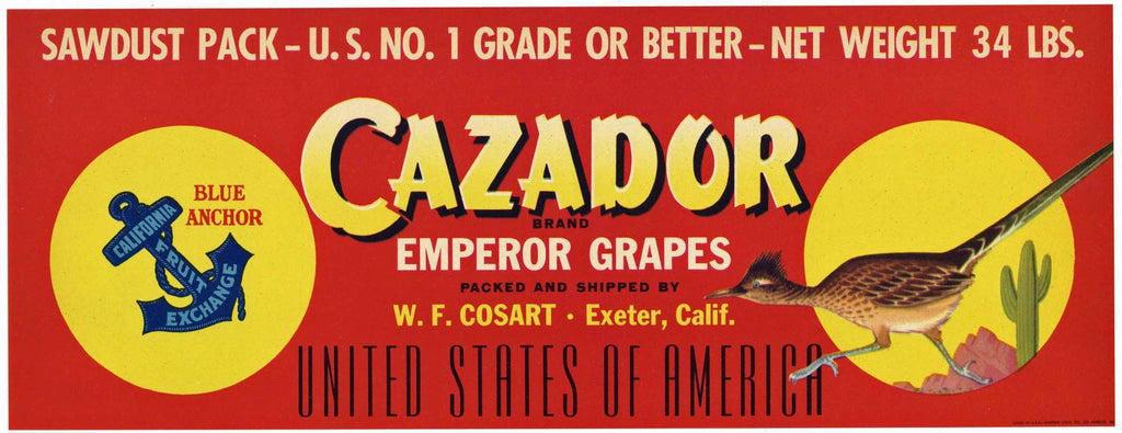 Cazador Brand Vintage Exeter California Grape Crate Label, large