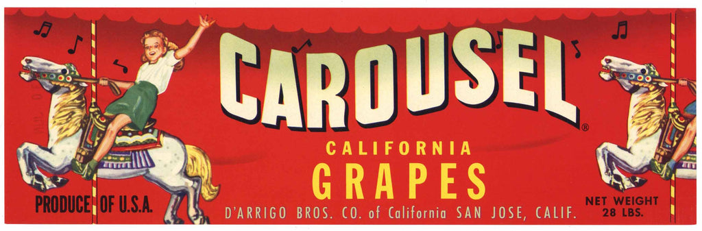 Carousel Brand Vintage San Jose California Grape Crate Label, 28 lb version