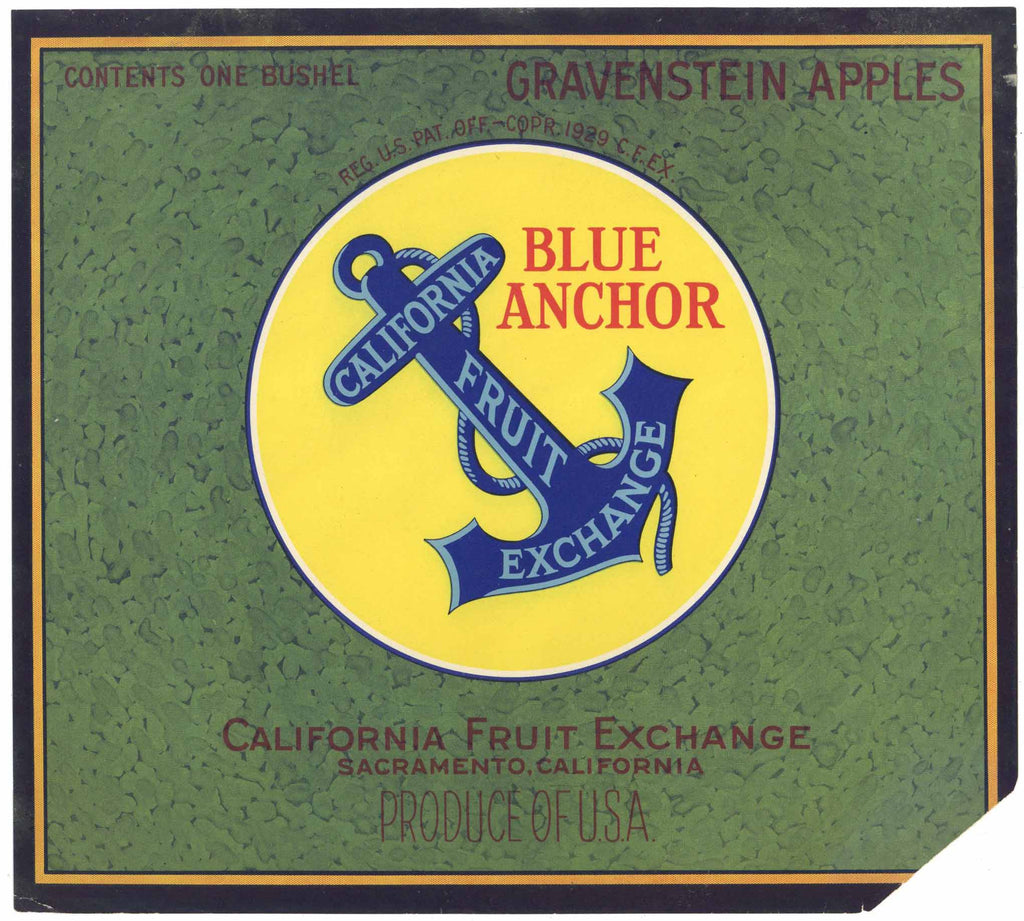 Blue Anchor Brand Vintage California Apple Crate Label, Gravenstein, damage