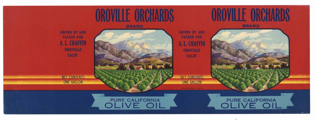 Oroville Orchards Brand Vintage Olive Oil Can Label