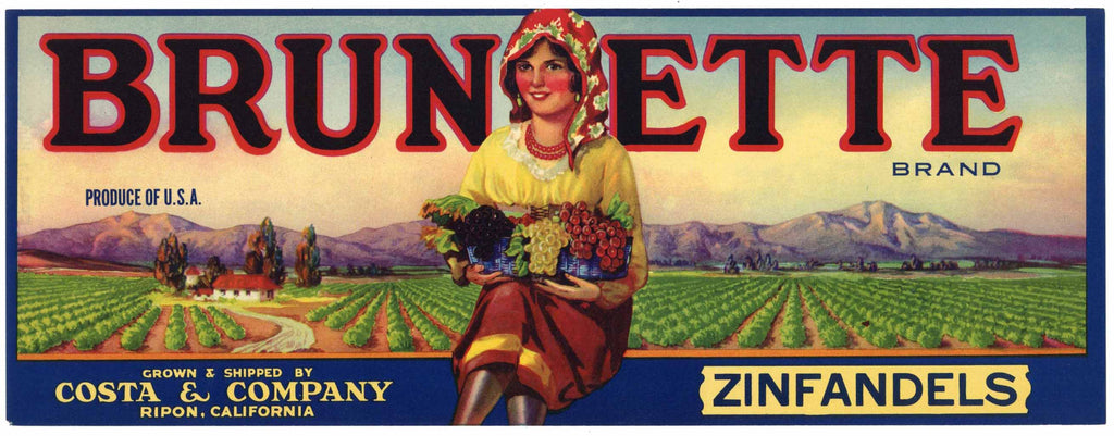 Brunette Brand Vintage Wine Grape Crate Label, Zinfandel