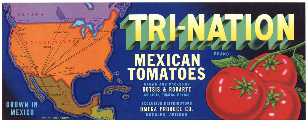 Tri-Nation Brand Vintage Nogales, Arizona Tomato Crate Label