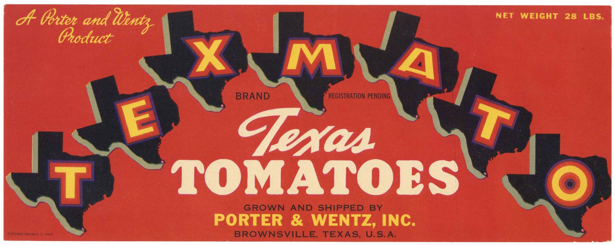 Texmato Brand Vintage Brownsville Texas Tomato Crate Label, red