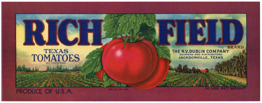 Rich Field Brand Vintage Jacksonville Texas Tomato Crate Label