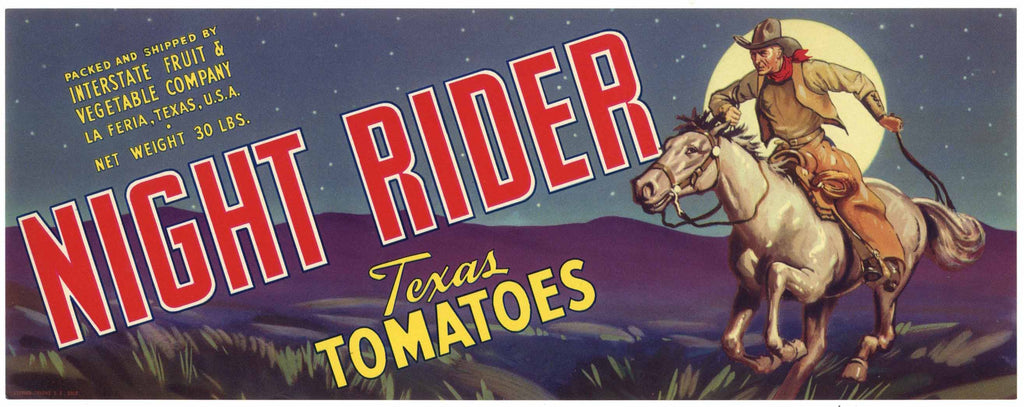 Night Rider Brand Vintage La Feria Texas Tomato Crate Label, early