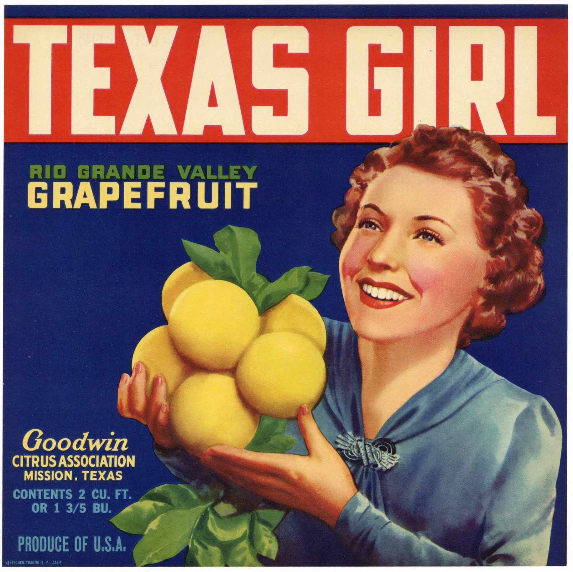 Texas Girl Brand Vintage Mission Texas Grapefruit Crate Label