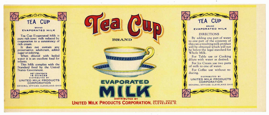 Tea Cup Brand Vintage Cleveland Ohio Milk Can Label