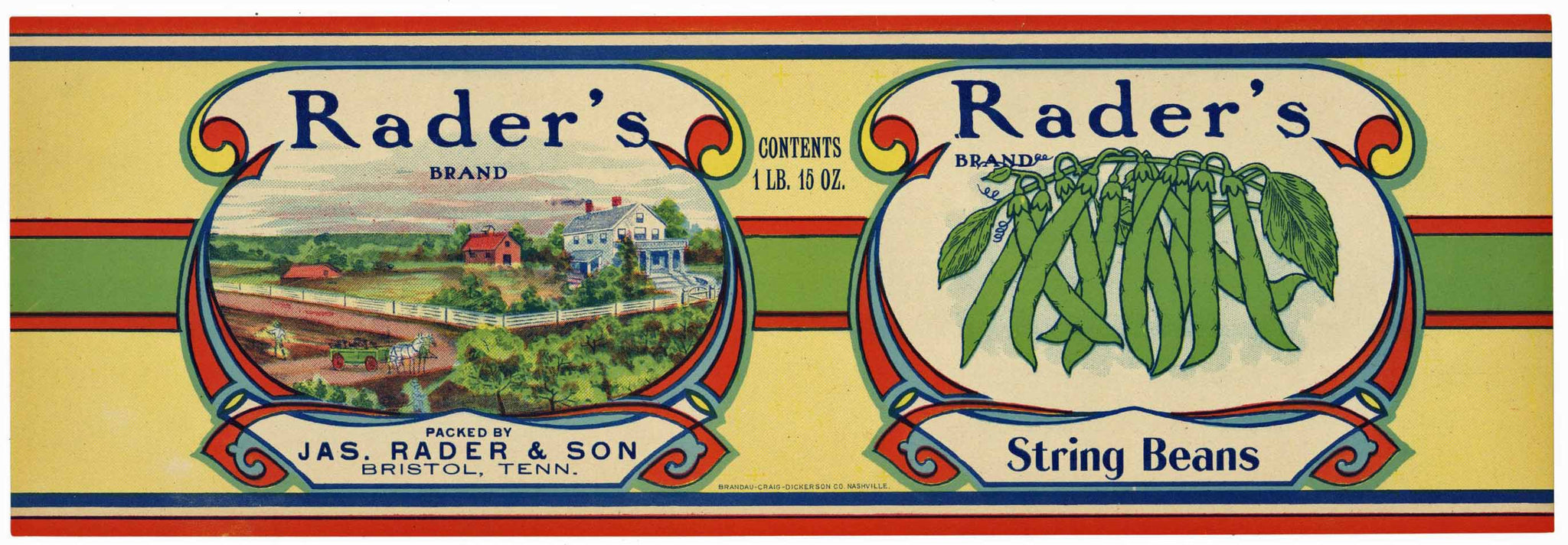 Rader's Brand Vintage Bristol Tennessee String Beans Can Label