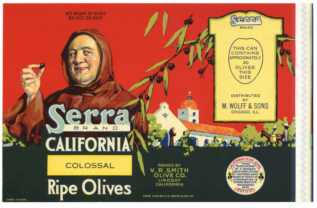 Serra Brand Vintage Lindsay California Olive Can Label